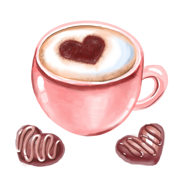 Kahve fincanı. Kalple Latte. Çikolata kalpli. Tatlı şekerler. Suluboya çizimi