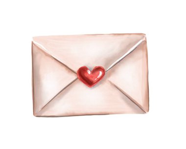 - Valentine. Kalpli zarf. Aşk masajı. Suluboya çizimi