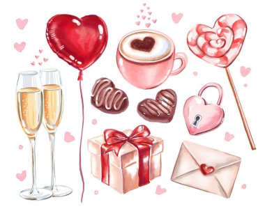Sevgililer Günü seti. Şirin romantik bir klişe. Suluboya çizimi