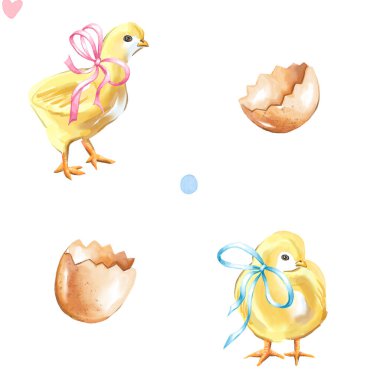 Piliçler ve yumurta kabukları. Suluboya kusursuz desen