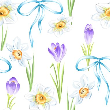 Timsah ve nergis desenli kusursuz çiçek deseni. Suluboya bahar çiçekleri