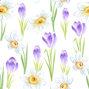 Timsah ve nergis desenli kusursuz çiçek deseni. Suluboya bahar çiçekleri