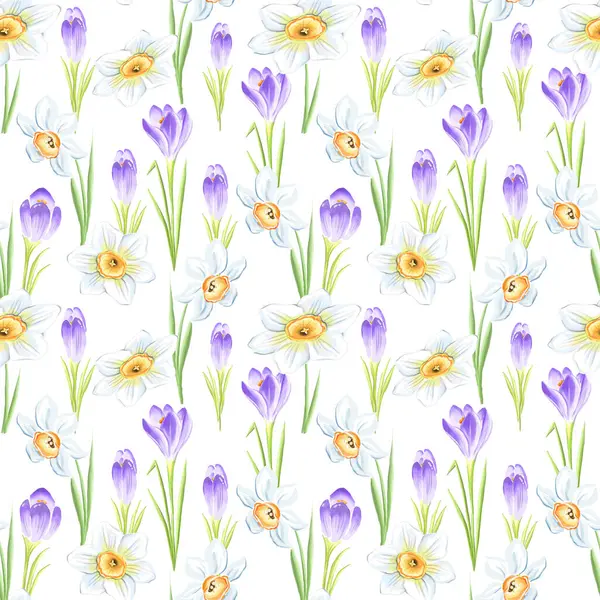 Timsah ve nergis desenli kusursuz çiçek deseni. Suluboya bahar çiçekleri