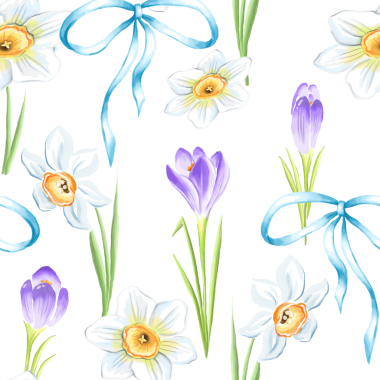 Timsah ve nergis desenli kusursuz çiçek deseni. Suluboya bahar çiçekleri