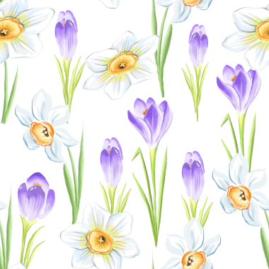 Timsah ve nergis desenli kusursuz çiçek deseni. Suluboya bahar çiçekleri