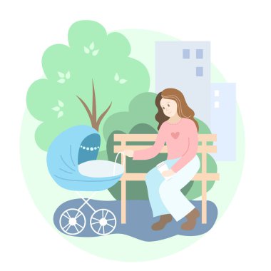 Parkta bebek arabasıyla gezen bir anne. Vektör illüstrasyonu