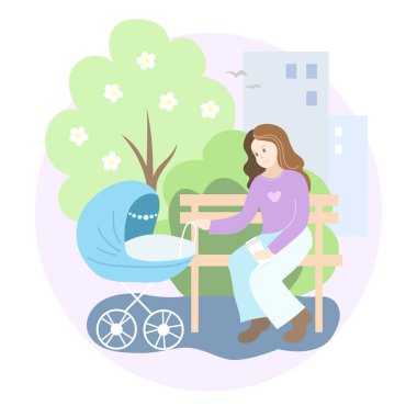 Annem elinde bebek arabasıyla bahar parkında yürüyüşe çıkmış. Vektör illüstrasyonu