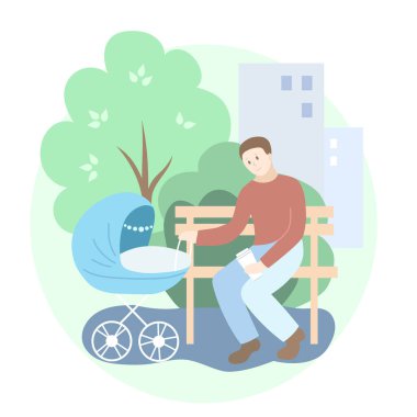 Parktaki mavi bebek arabalı baba. Yaz mevsimi