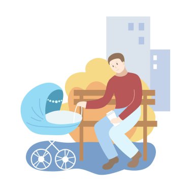 Parktaki mavi bebek arabalı baba. Sonbahar mevsimi