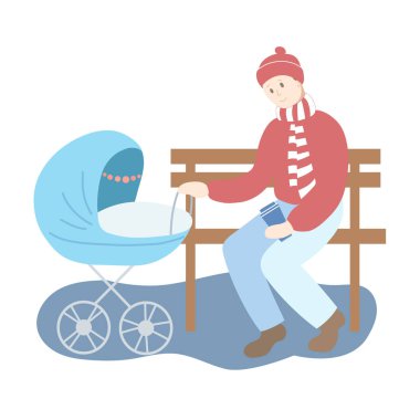 Parkta mavi bebek arabasıyla gezen babam. Kış mevsimi