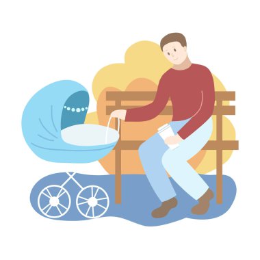 Parktaki mavi bebek arabalı baba. Sonbahar mevsimi