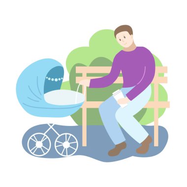 Parktaki mavi bebek arabalı baba. Bahar mevsimi