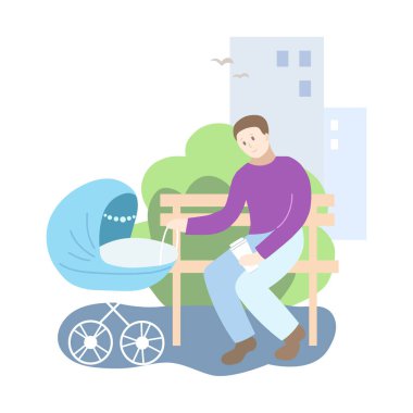 Parktaki mavi bebek arabalı baba. Bahar mevsimi