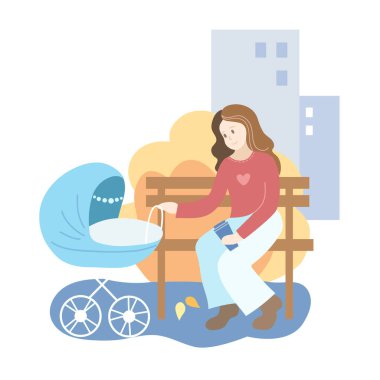 Parkta mavi bebek arabalı anne. Sonbahar mevsimi