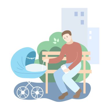 Parktaki mavi bebek arabalı baba. Yaz mevsimi