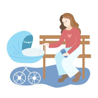 Parkta mavi bebek arabası olan annem.