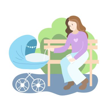 Parkta mavi bebek arabalı anne. Bahar mevsimi