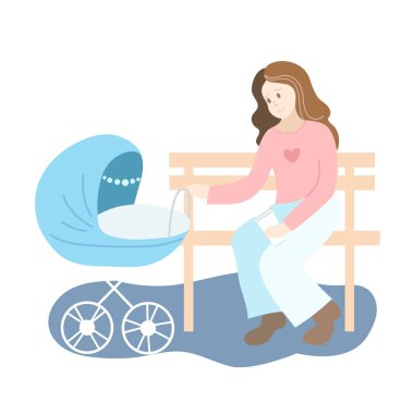 Parkta mavi bebek arabası olan annem.