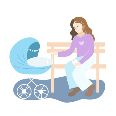 Parkta mavi bebek arabası olan annem.