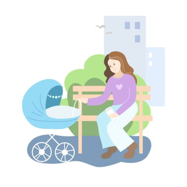 Parkta mavi bebek arabalı anne. Bahar mevsimi