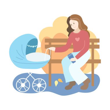 Parkta mavi bebek arabalı anne. Sonbahar mevsimi