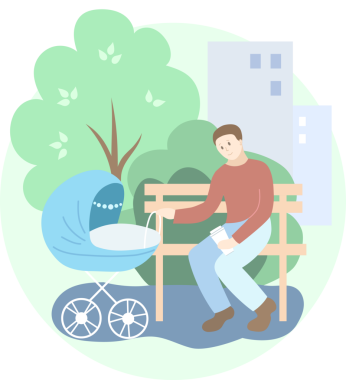 Parktaki mavi bebek arabalı baba. Yaz mevsimi