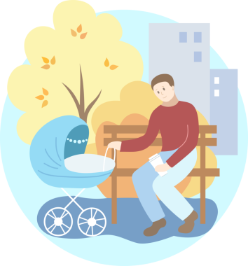 Parktaki mavi bebek arabalı baba. Sonbahar mevsimi