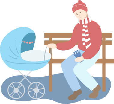 Parkta mavi bebek arabasıyla gezen babam. Kış mevsimi