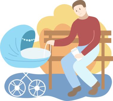 Parktaki mavi bebek arabalı baba. Sonbahar mevsimi