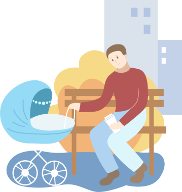 Parktaki mavi bebek arabalı baba. Sonbahar mevsimi