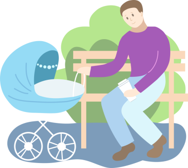 Parktaki mavi bebek arabalı baba. Bahar mevsimi