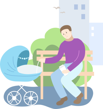 Parktaki mavi bebek arabalı baba. Bahar mevsimi