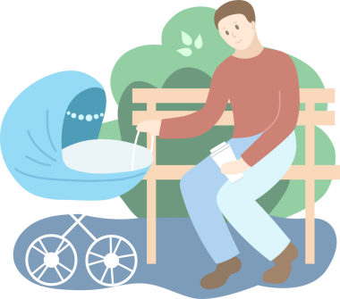 Parktaki mavi bebek arabalı baba. Yaz mevsimi