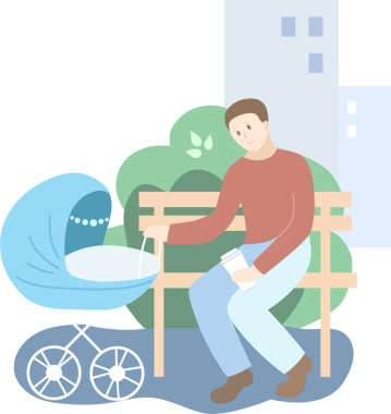 Parktaki mavi bebek arabalı baba. Yaz mevsimi