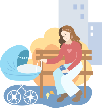 Parkta mavi bebek arabalı anne. Sonbahar mevsimi