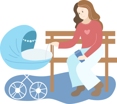 Parkta mavi bebek arabası olan annem.