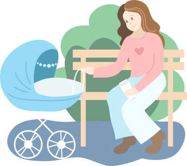 Parkta mavi bebek arabalı anne. Yaz mevsimi