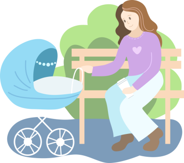 Parkta mavi bebek arabalı anne. Bahar mevsimi