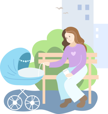 Parkta mavi bebek arabalı anne. Bahar mevsimi