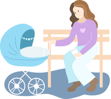 Parkta mavi bebek arabası olan annem.