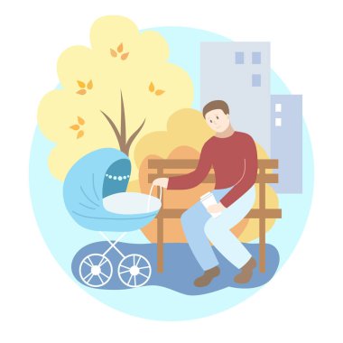 Parktaki mavi bebek arabalı baba. Sonbahar sezonu. Vektör