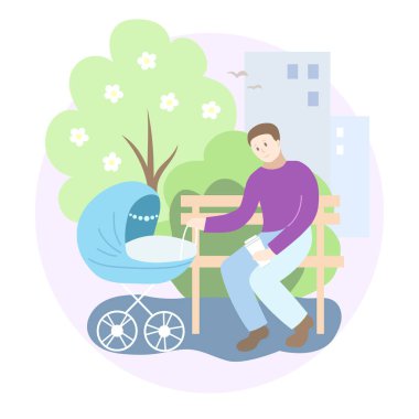 Parktaki mavi bebek arabalı baba. Bahar sezonu. Vektör