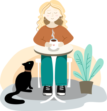 Elinde bir fincan kahve olan bir kadın bir masada dinleniyor. Masanın altında siyah bir kedi oturuyor.