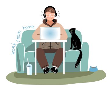 Bir adam dizüstü bilgisayarla çalışıyor. Evden çalış.