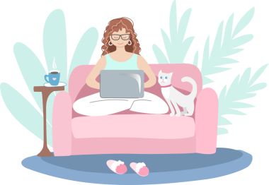 Evde kedisiyle birlikte dizüstü bilgisayarda çalışan bir kadın. El çizimi illüstrasyon