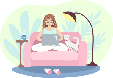 Evde kedisiyle birlikte dizüstü bilgisayarda çalışan bir kadın. El çizimi illüstrasyon