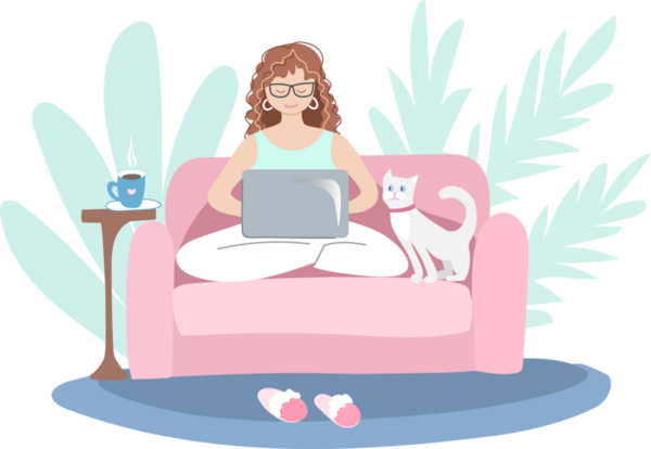 Evde kedisiyle birlikte dizüstü bilgisayarda çalışan bir kadın. El çizimi illüstrasyon