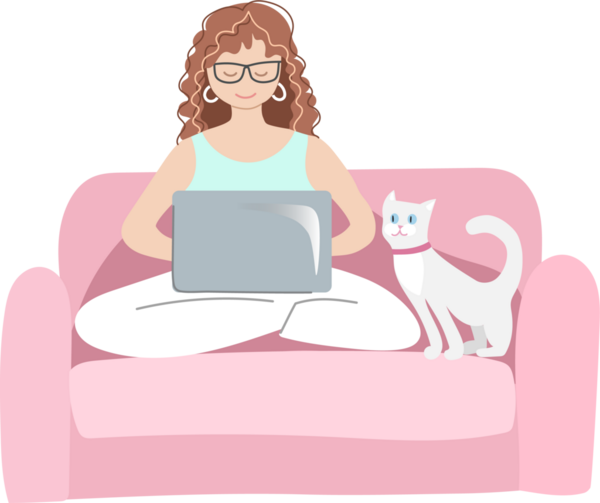 Evde kedisiyle birlikte dizüstü bilgisayarda çalışan bir kadın. El çizimi illüstrasyon