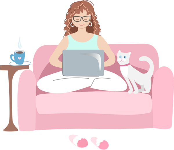 Evde kedisiyle birlikte dizüstü bilgisayarda çalışan bir kadın. El çizimi illüstrasyon