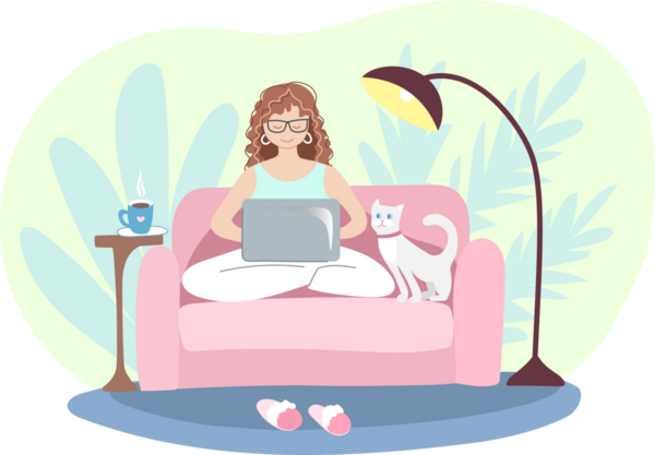 Evde kedisiyle birlikte dizüstü bilgisayarda çalışan bir kadın. El çizimi illüstrasyon